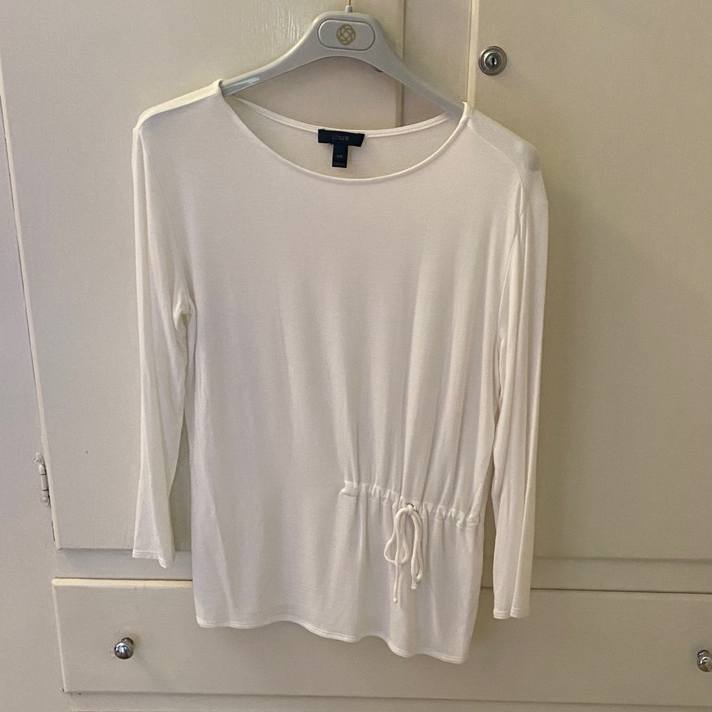 J Crew White Long Sleeve Tunic Style T Shirt Top with Drawstring Detail Size XXS